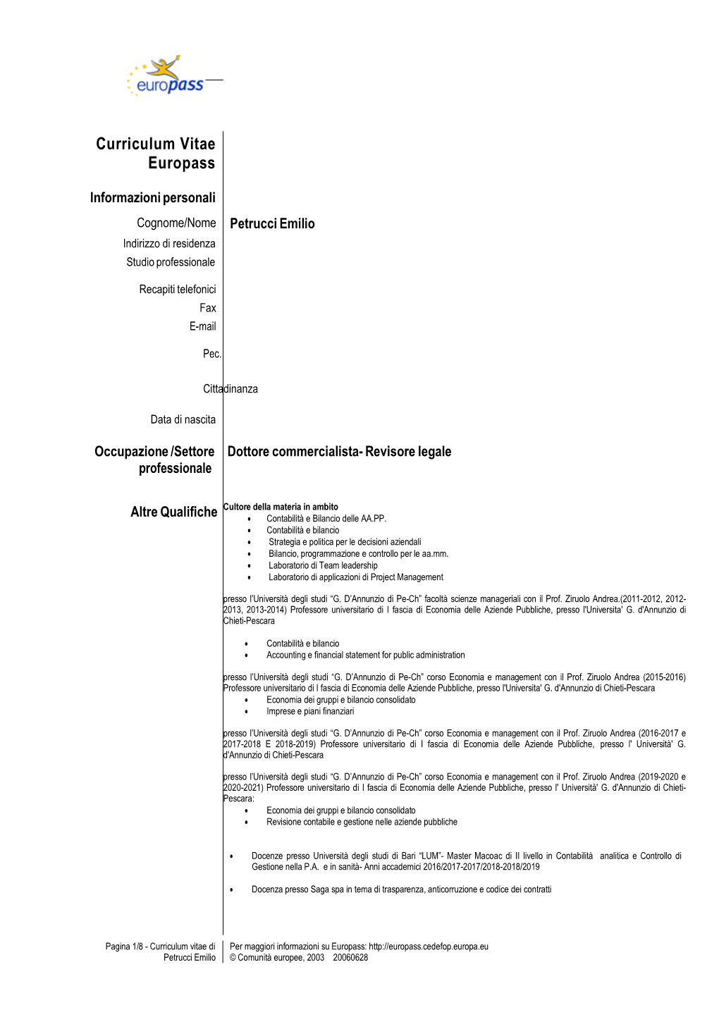 CURRICULUM FORMATO EUROPEO PETRUCCI EMILIO Ultimo P