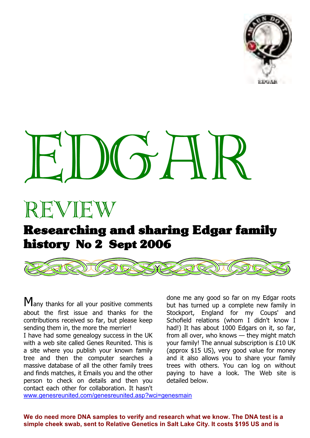 REVIEW Researching and Sharing Edgar Family History No 2 Sept 2006