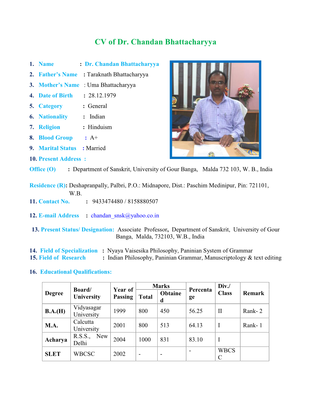 CV of Dr. Chandan Bhattacharyya