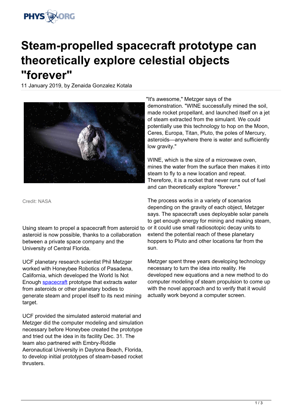 Steam-Propelled Spacecraft Prototype Can Theoretically Explore Celestial Objects "Forever" 11 January 2019, by Zenaida Gonzalez Kotala