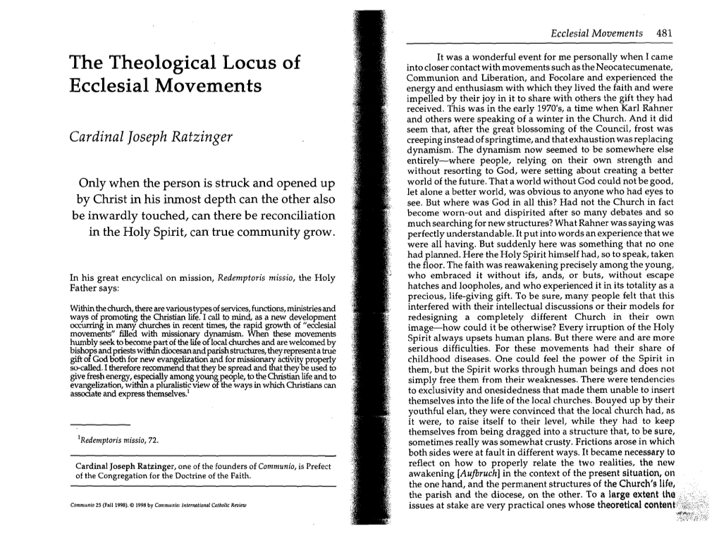 Joseph Ratzinger. the Theological Locus of Ecclesial Movements. Communio Fall 1998