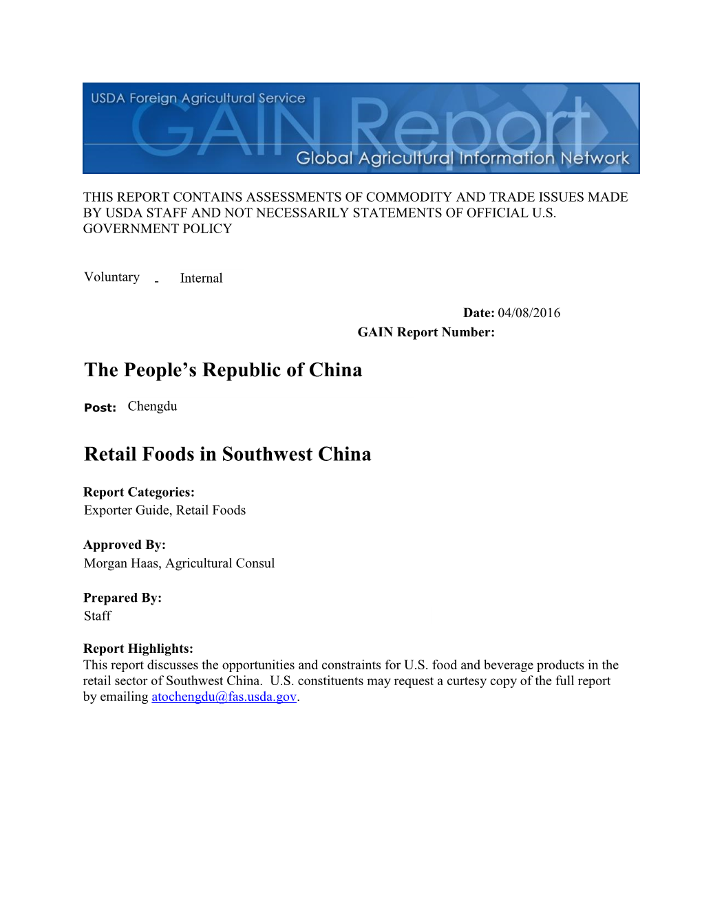 The People's Republic of China Retail Foods in Southwest China