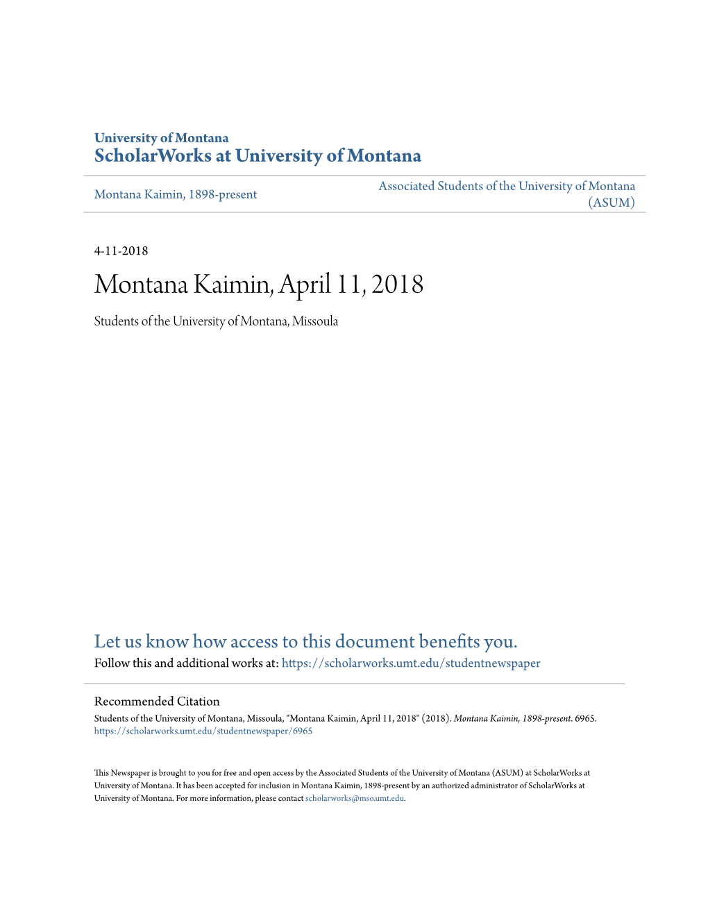 Montana Kaimin, April 11, 2018 Students of the University of Montana, Missoula