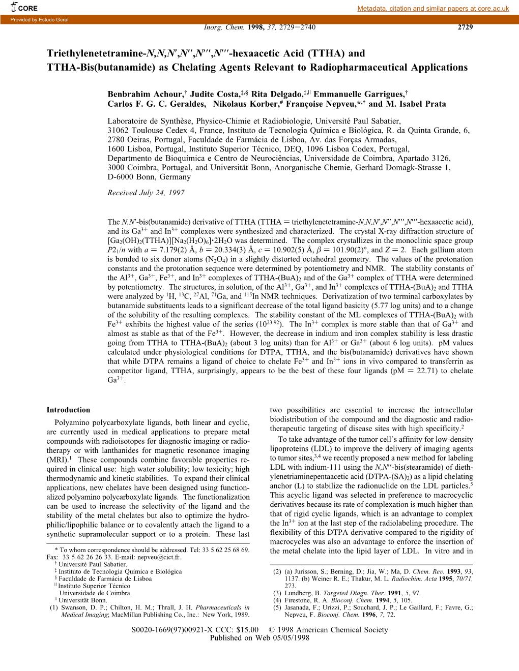 Triethylenetetramine-N,N,N′,N′′,N′′′,N′′′-Hexaacetic Acid (TTHA) and TTHA-Bis(Butanamide) As Chelating Agents Relevant to Radiopharmaceutical Applications