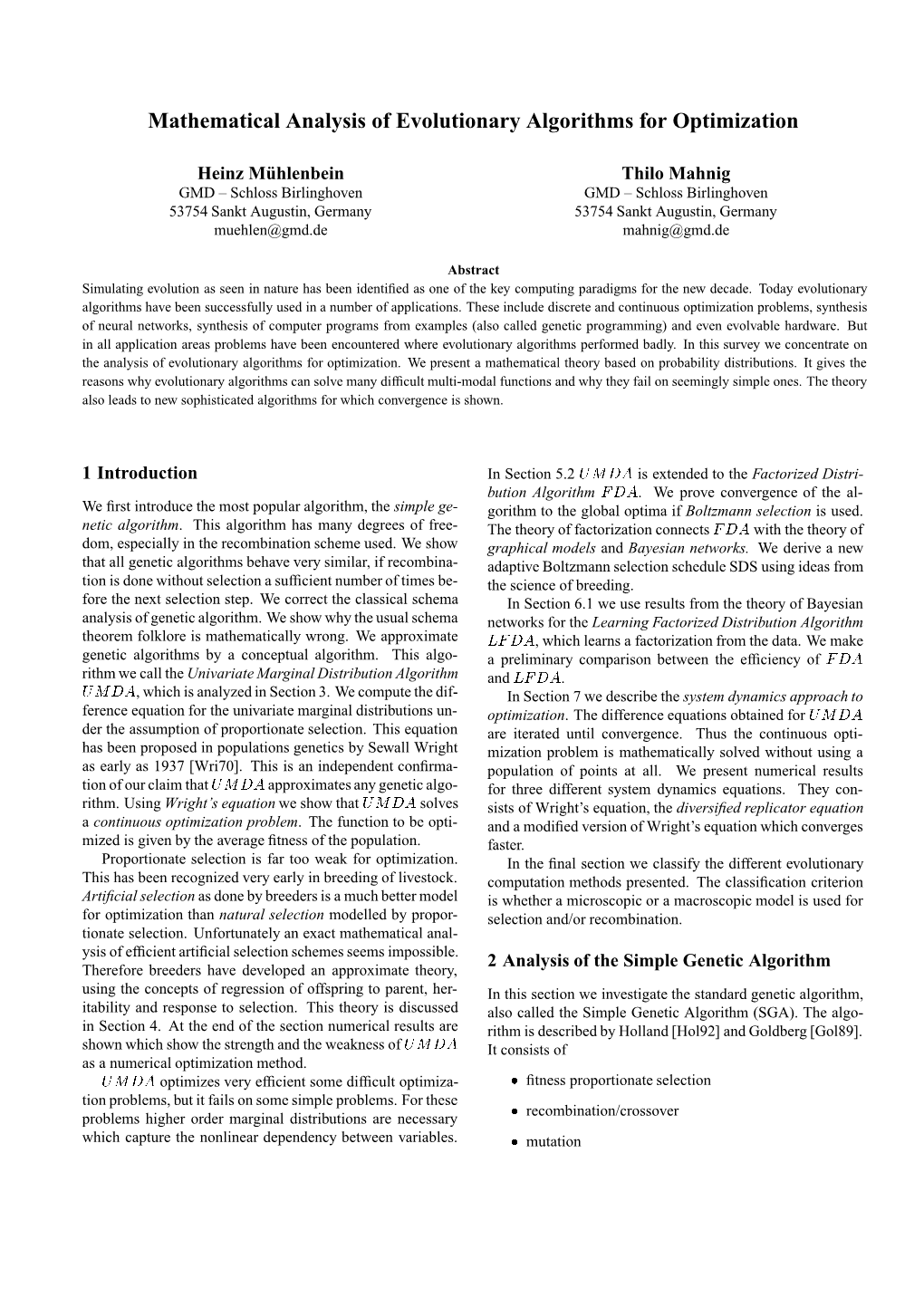Mathematical Analysis of Evolutionary Algorithms for Optimization