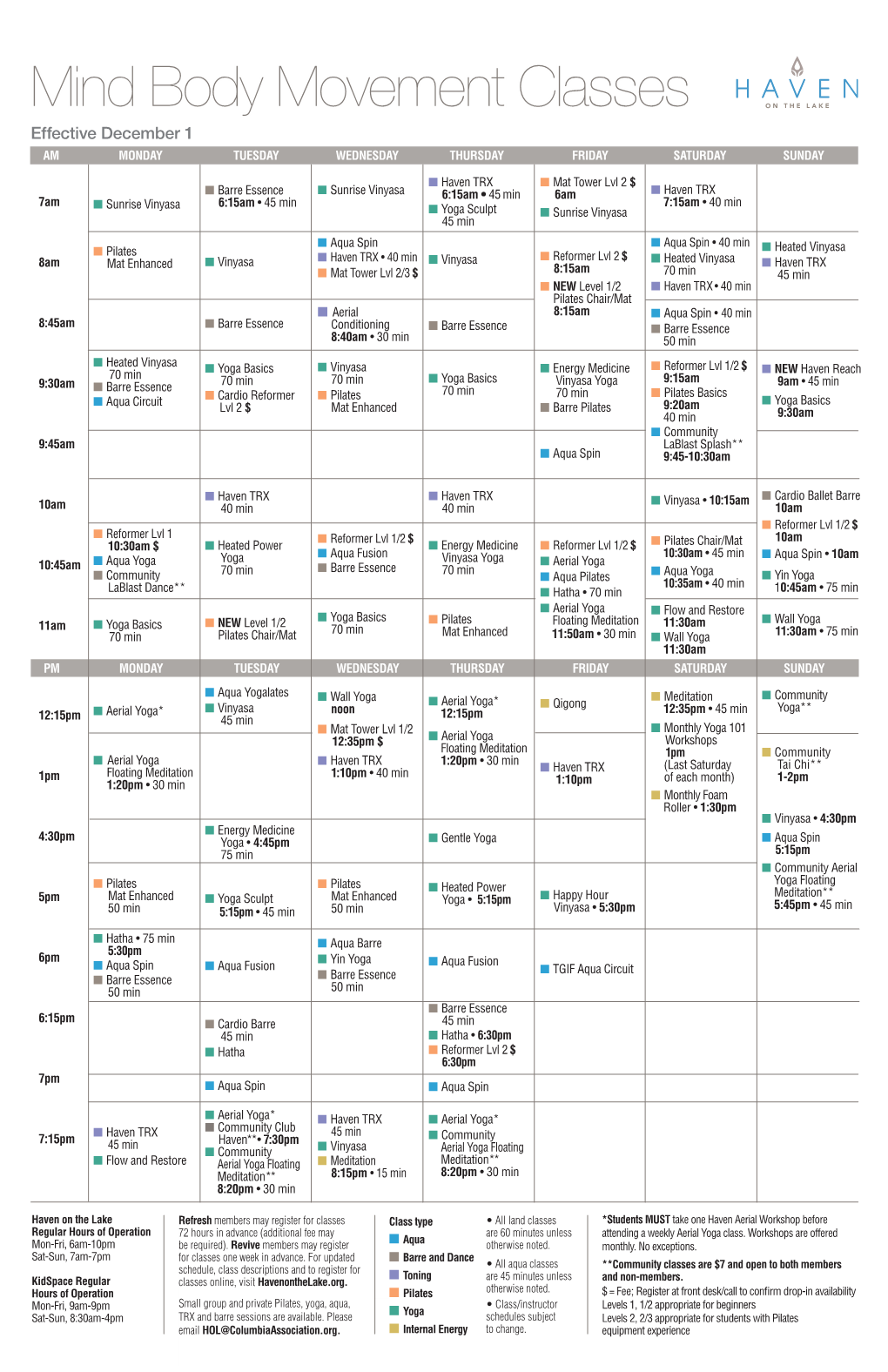 Haven on the Lake Mind Body Movement Class Schedule For