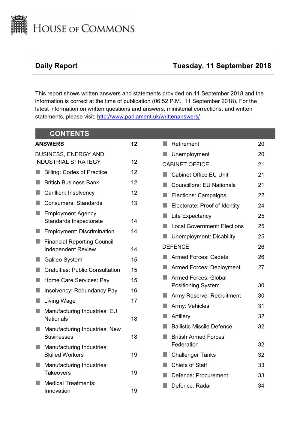 Daily Report Tuesday, 11 September 2018 CONTENTS