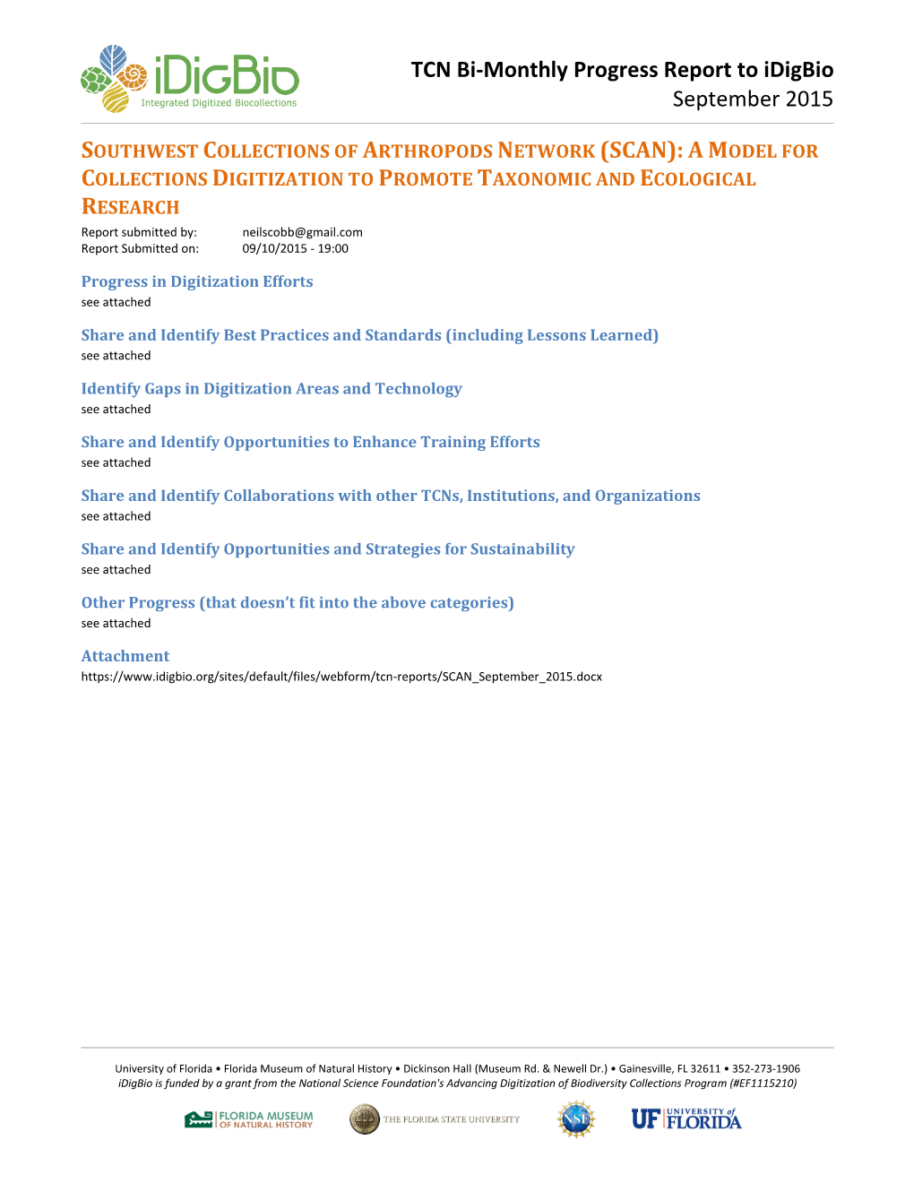 TCN Bi-Monthly Progress Report to Idigbio September 2015