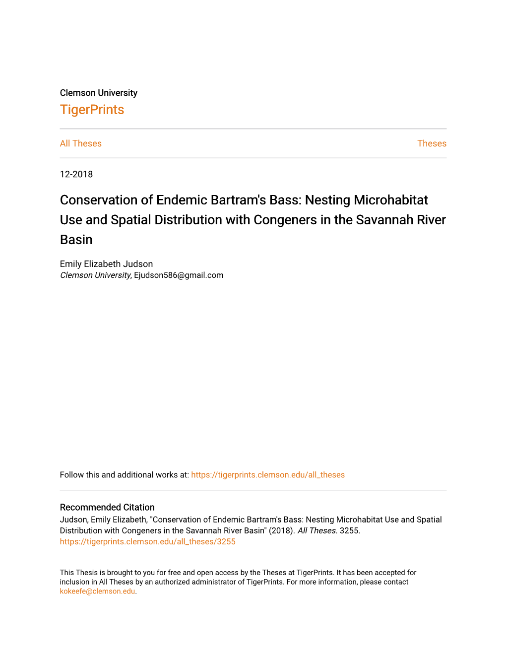 Conservation of Endemic Bartram's Bass: Nesting Microhabitat Use and Spatial Distribution with Congeners in the Savannah River Basin