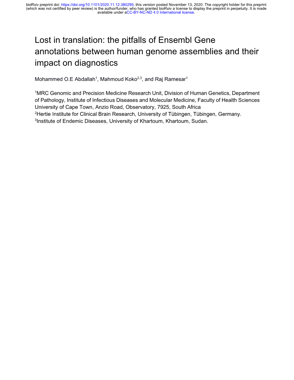 The Pitfalls of Ensembl Gene Annotations Between Human Genome Assemblies and Their Impact on Diagnostics
