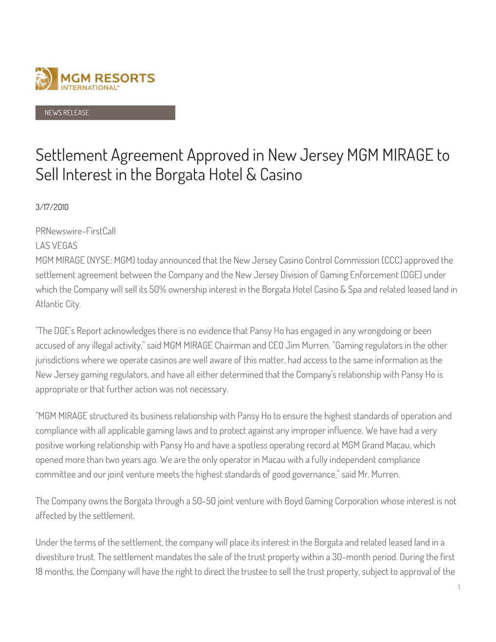 Settlement Agreement Approved in New Jersey MGM MIRAGE to Sell Interest in the Borgata Hotel & Casino