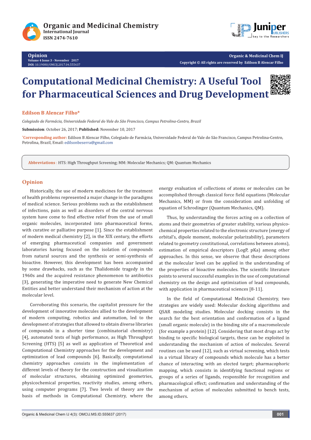 Computational Medicinal Chemistry: a Useful Tool for Pharmaceutical Sciences and Drug Development