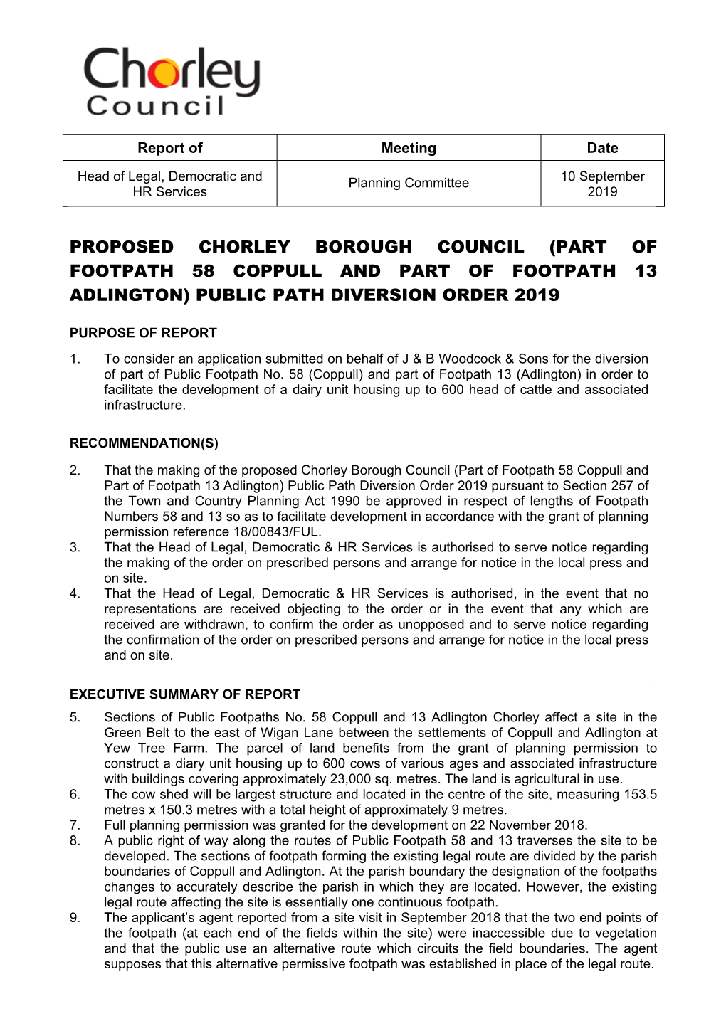 Proposed Chorley Borough Council (Part of Footpath 58 Coppull and Part of Footpath 13 Adlington) Public Path Diversion Order 2019