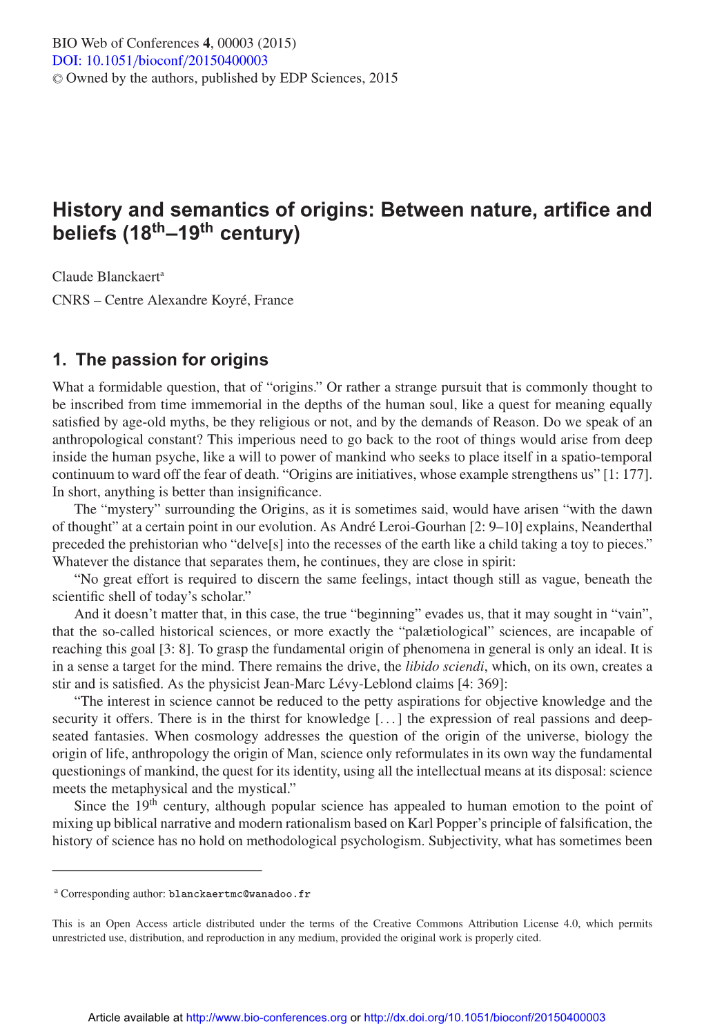 History and Semantics of Origins: Between Nature, Artifice and Beliefs