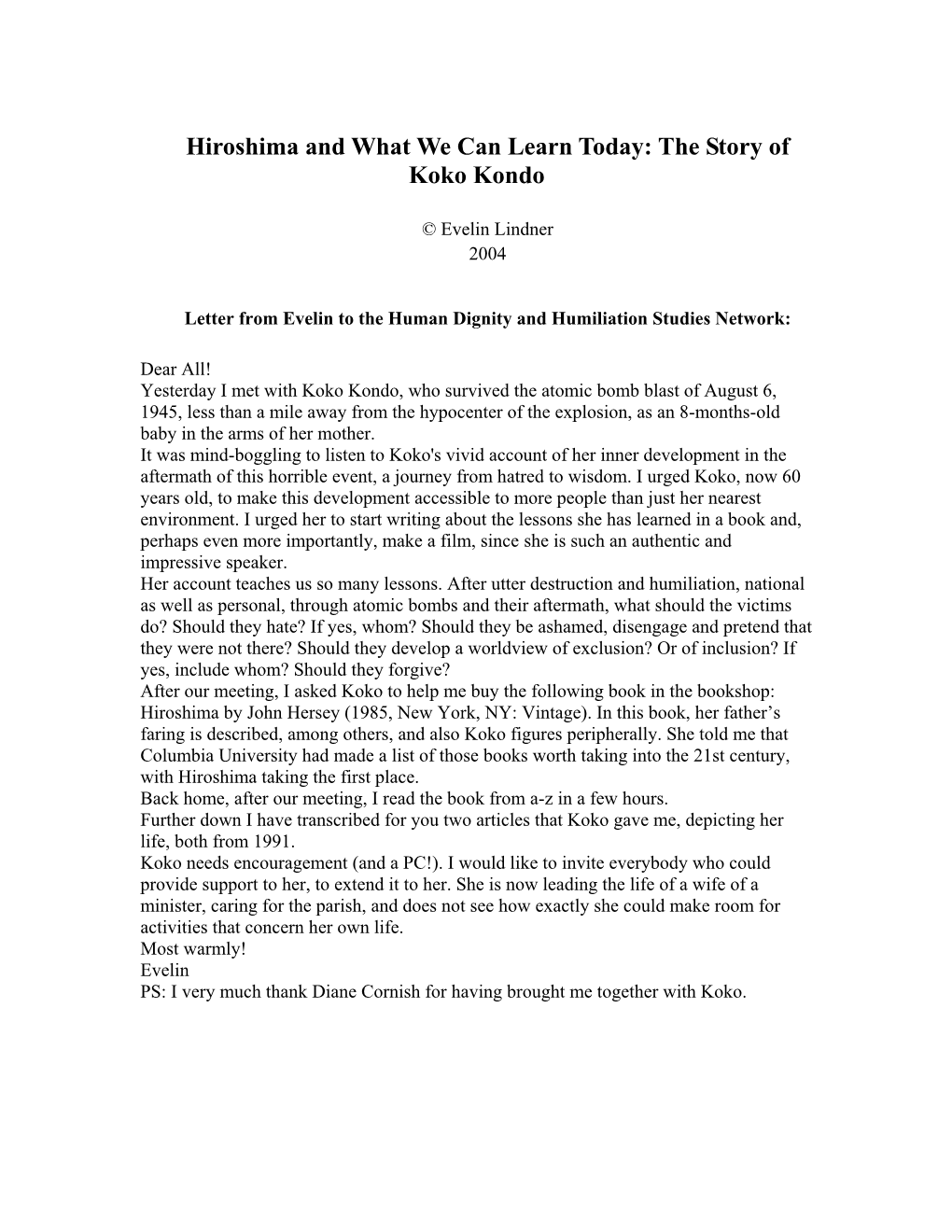 Hiroshima and What We Can Learn Today: the Story of Koko Kondo