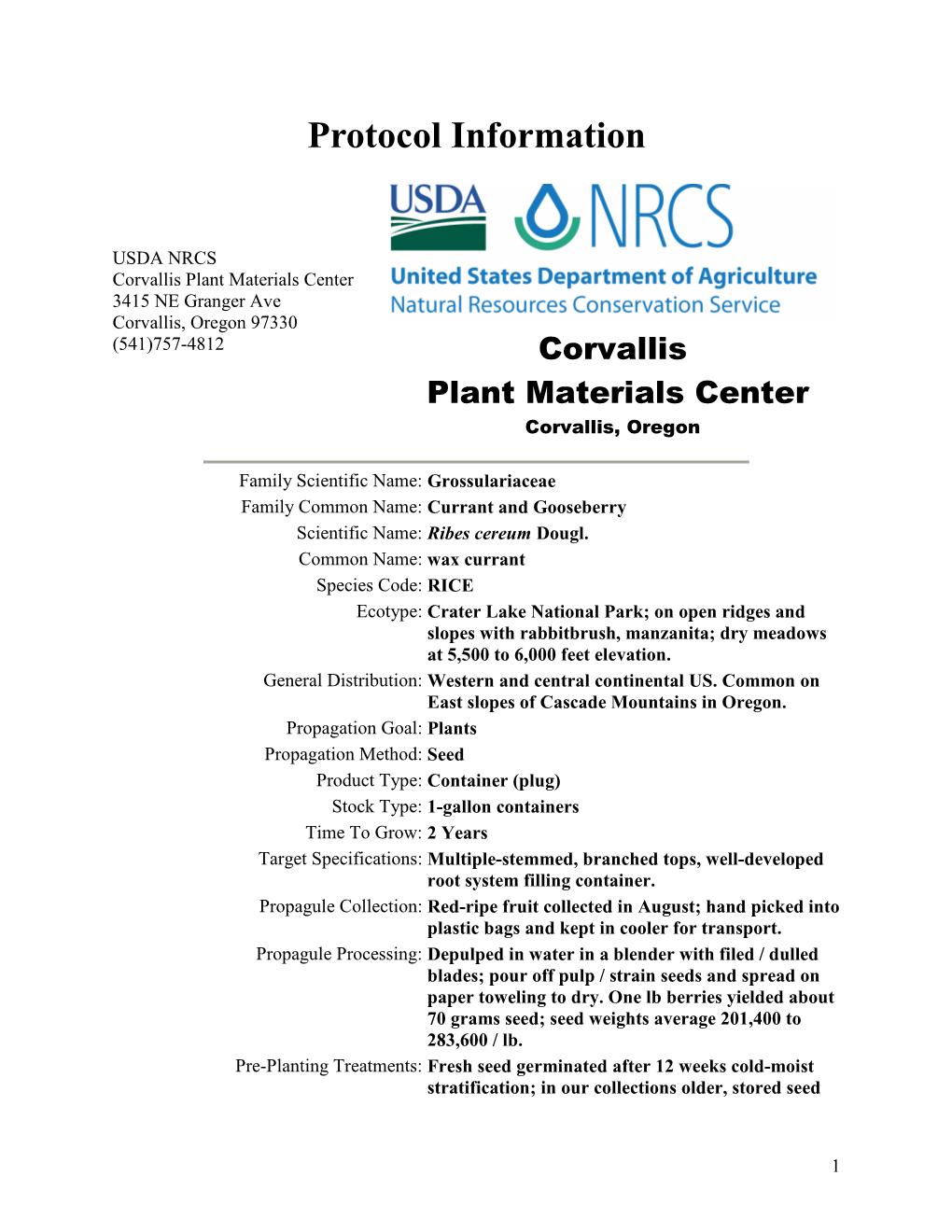 Propagation Protocol for Production of Container Ribes Cereum Dougl