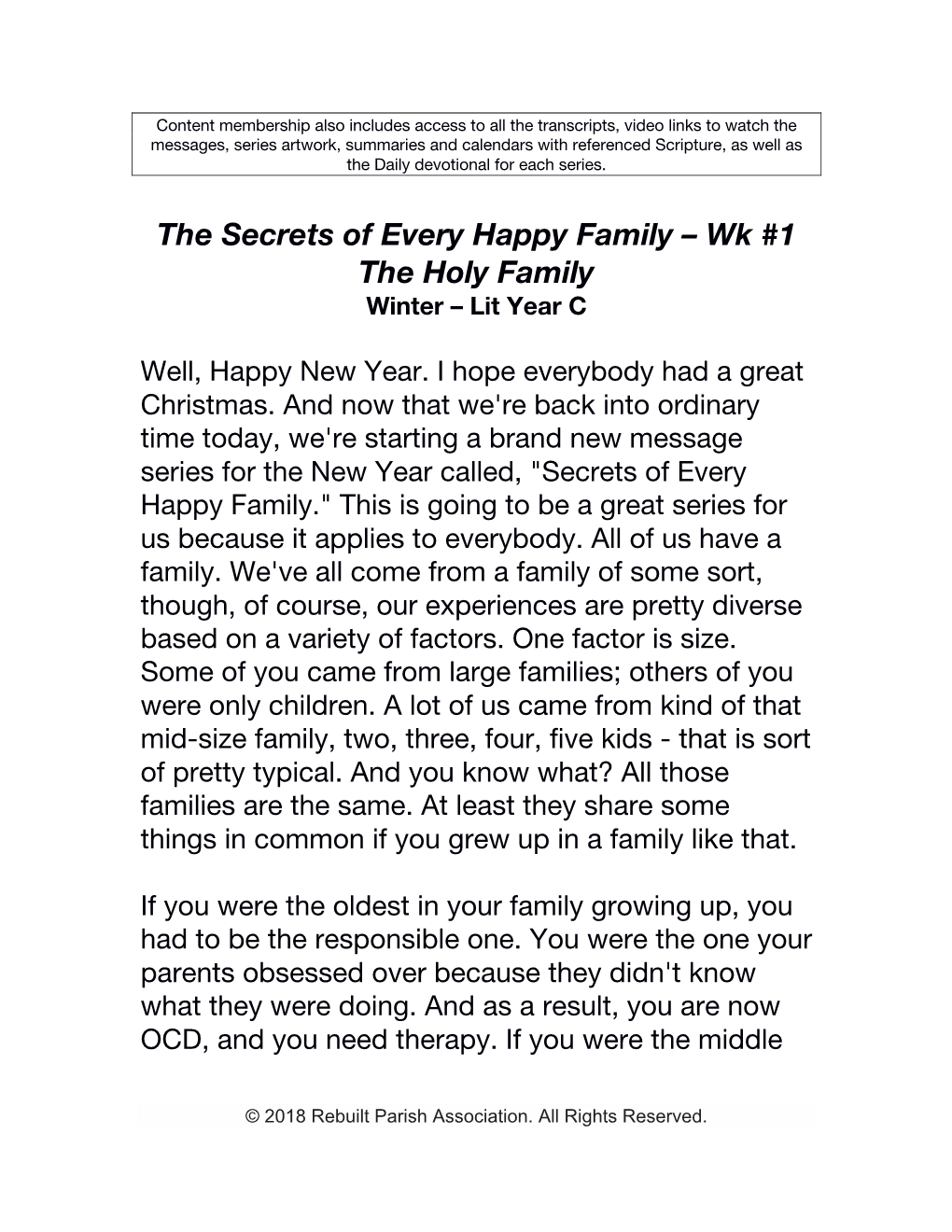 The Secrets of Every Happy Family – Wk #1 the Holy Family Winter – Lit Year C