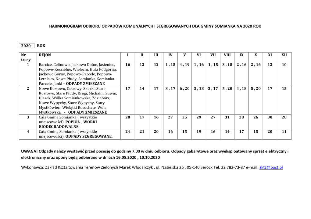 Harmonogram Odbioru Odpadów Komunalnych I Segregowanych Dla Gminy Somianka Na 2020 Rok