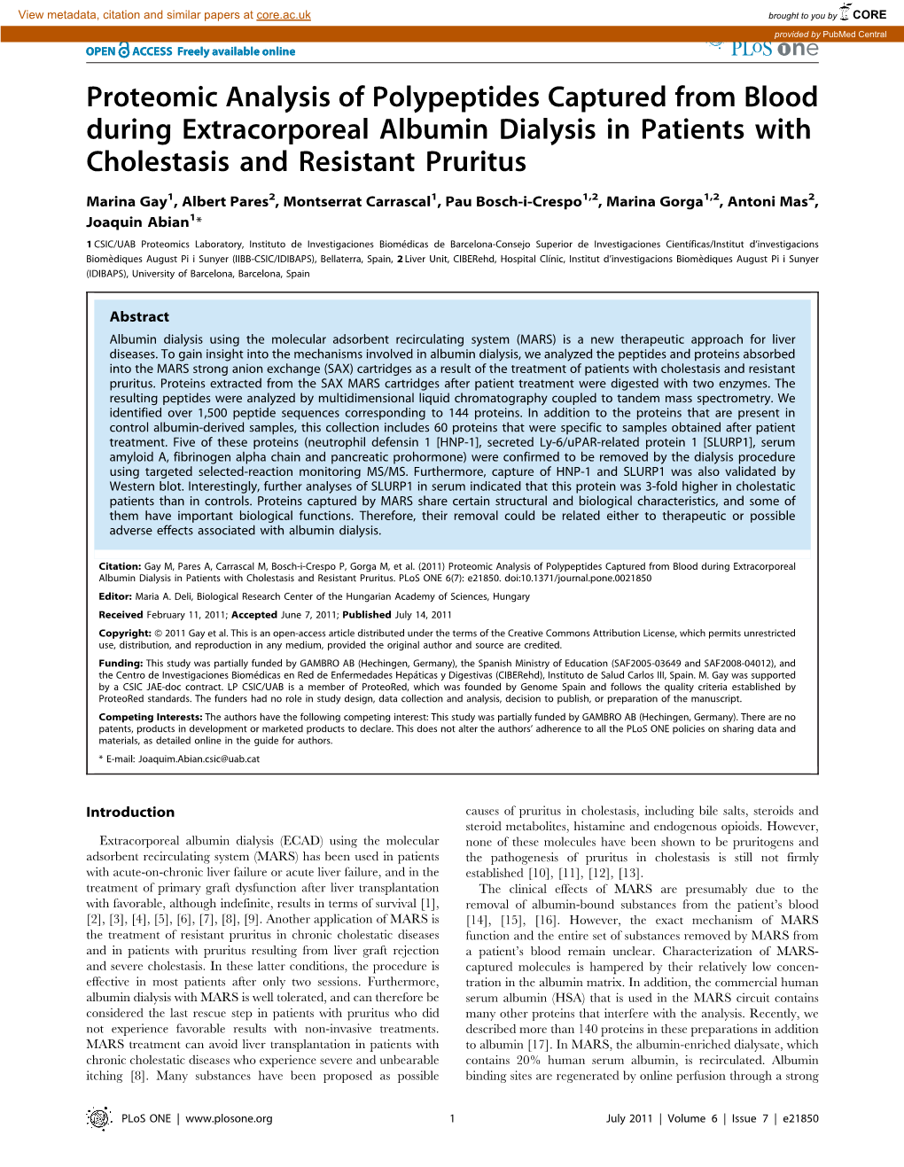 Proteomic Analysis of Polypeptides Captured from Blood During Extracorporeal Albumin Dialysis in Patients with Cholestasis and Resistant Pruritus