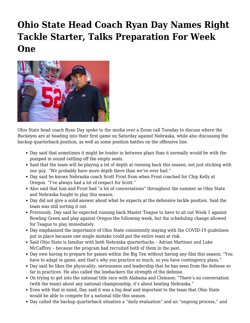 Ohio State Head Coach Ryan Day Names Right Tackle Starter, Talks Preparation for Week One