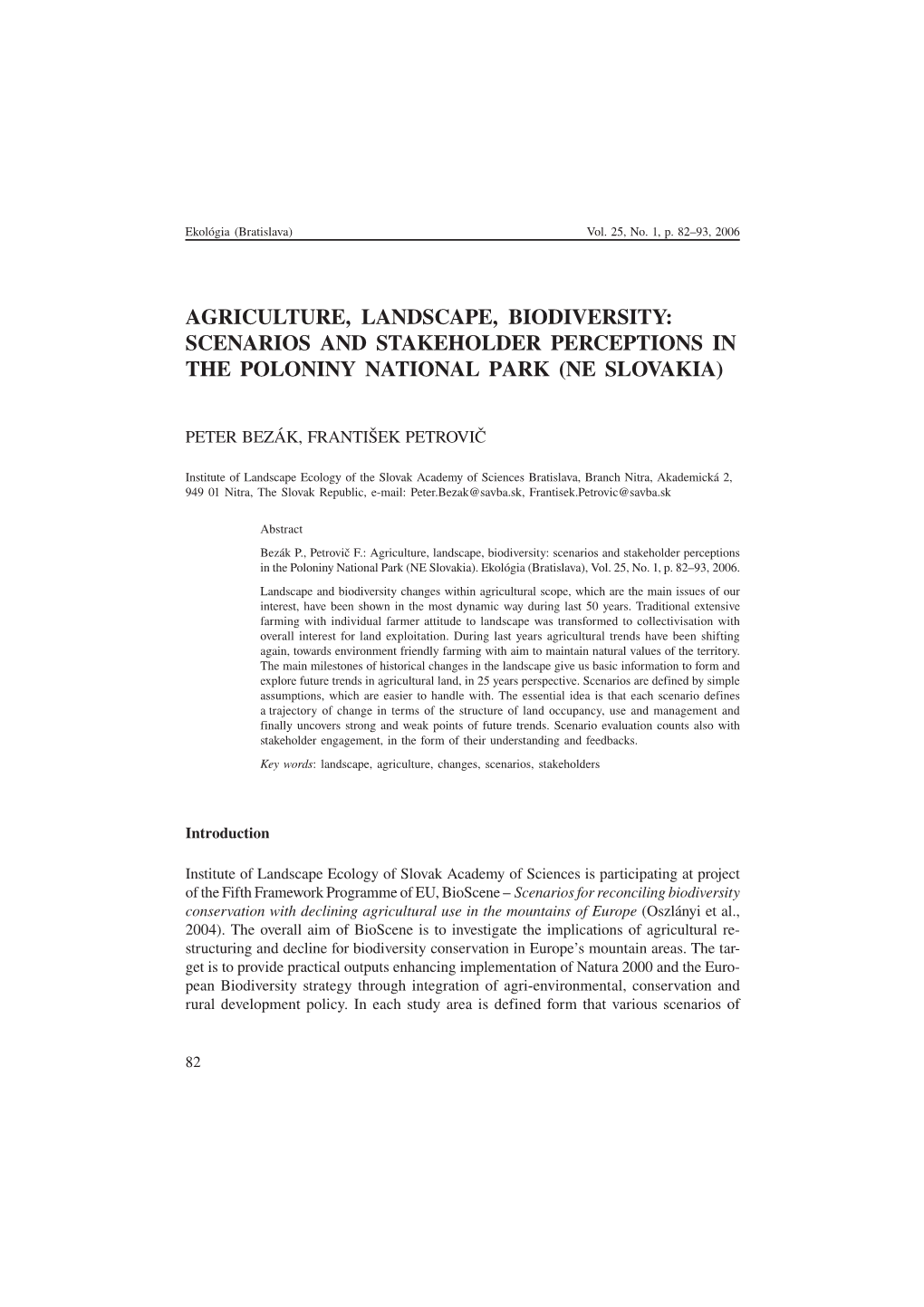 Agriculture, Landscape, Biodiversity: Scenarios and Stakeholder Perceptions in the Poloniny National Park (Ne Slovakia)