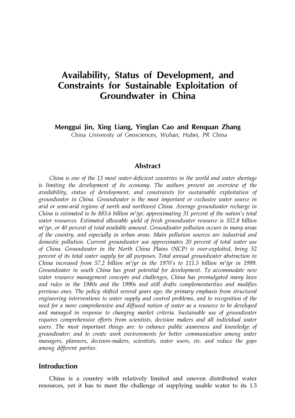 Availability, Status of Development, and Constraints for Sustainable Exploitation of Groundwater in China