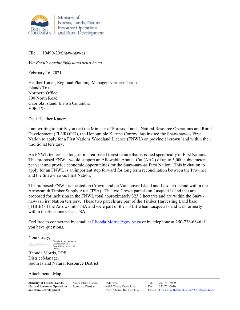 File: 19490-20/Snaw-Naw-As Via Email: Northinfo@Islandstrust.Bc.Ca February 16, 2021 Heather Kauer, Regional Planning Manager-No