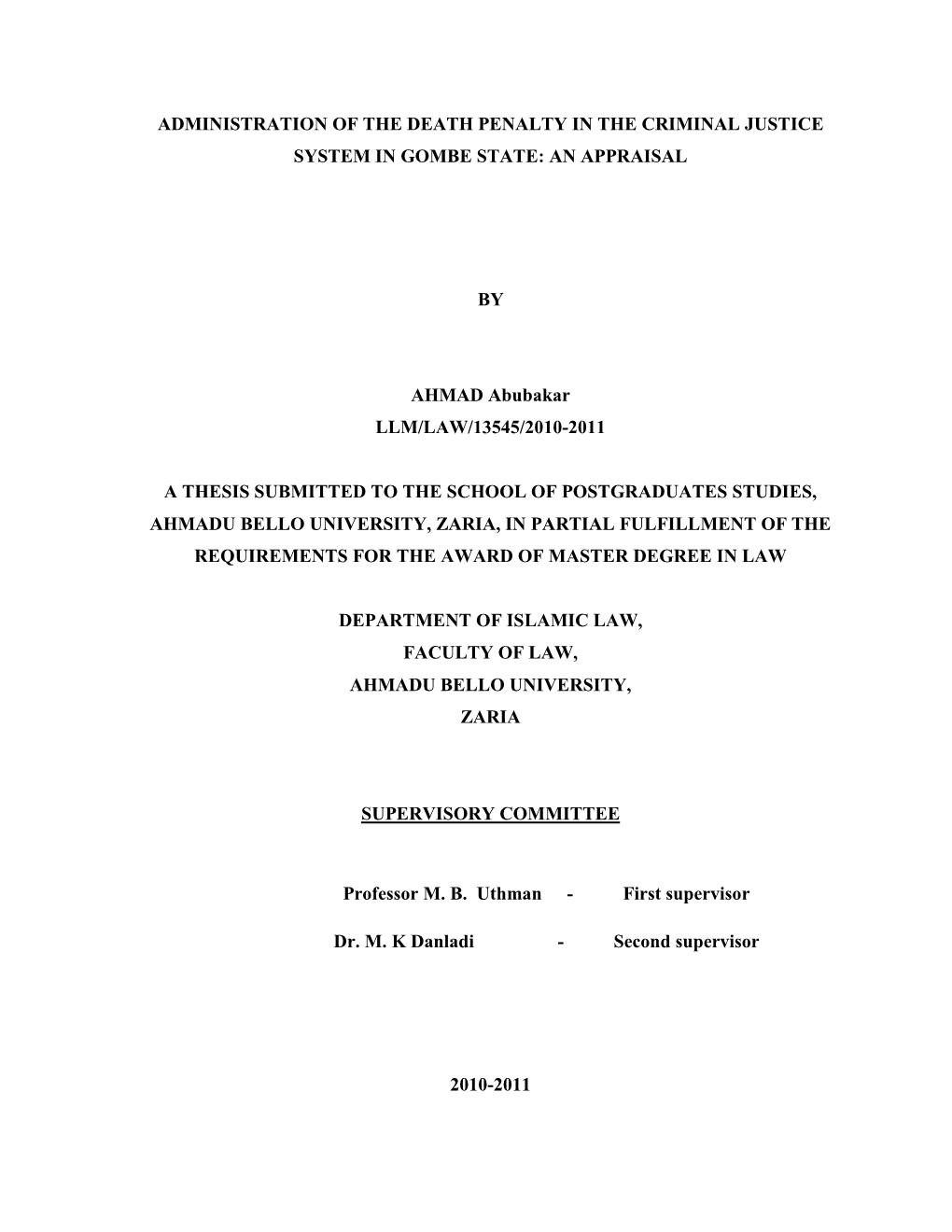 Administration of the Death Penalty in the Criminal Justice System in Gombe State: an Appraisal