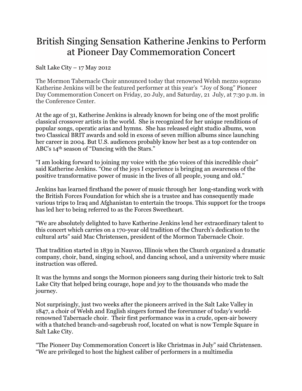 British Singing Sensation Katherine Jenkins to Perform at Pioneer Day Commemoration Concert