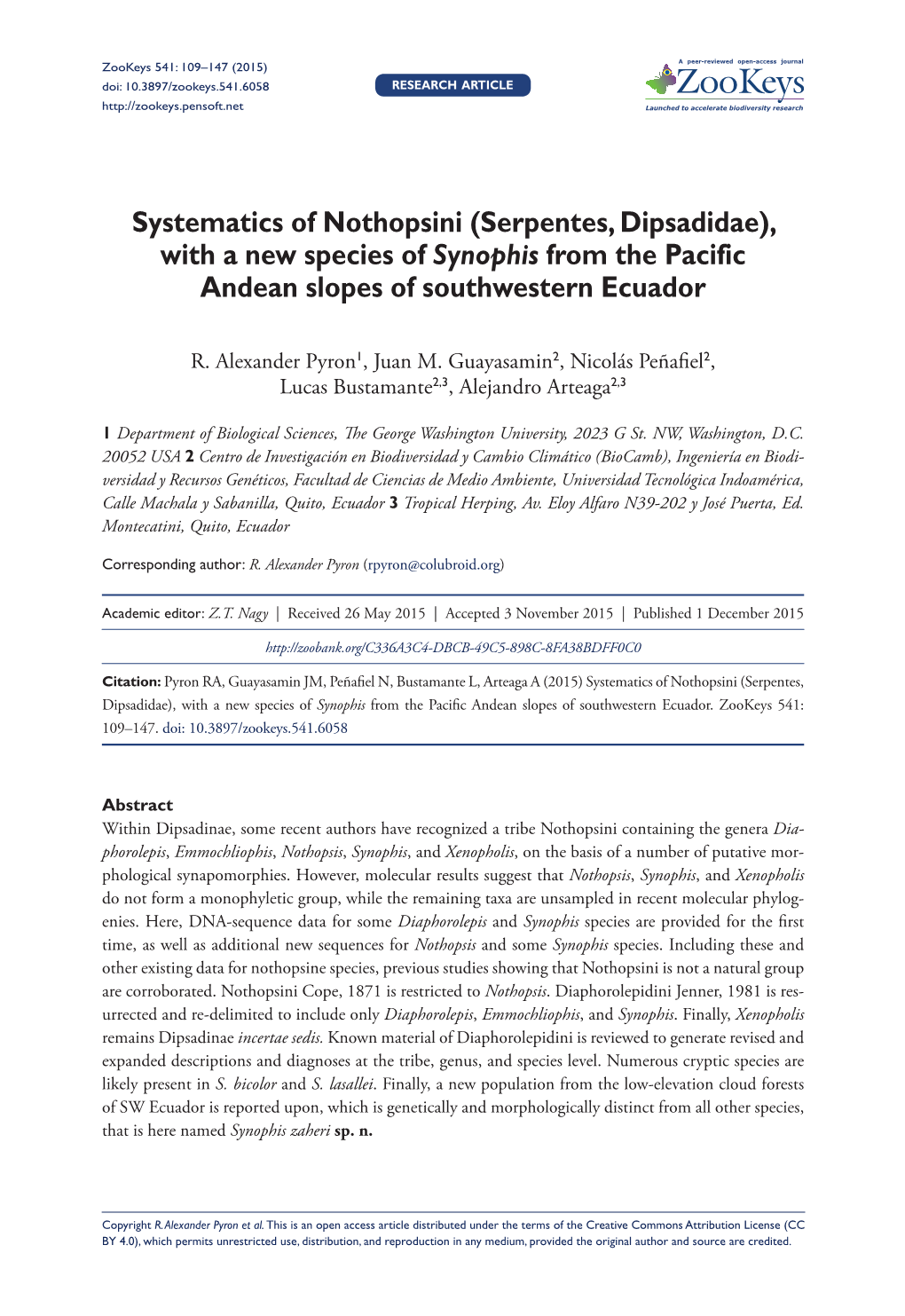 With a New Species of Synophis from the Pacific Andean Slopes of Southwestern Ecuador