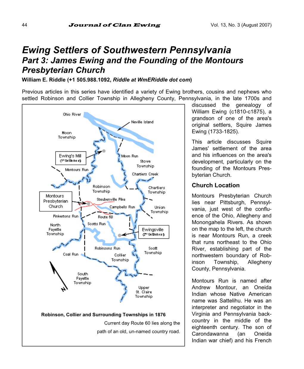 Ewing Settlers of Southwestern Pennsylvania Part 3: James Ewing and the Founding of the Montours Presbyterian Church William E