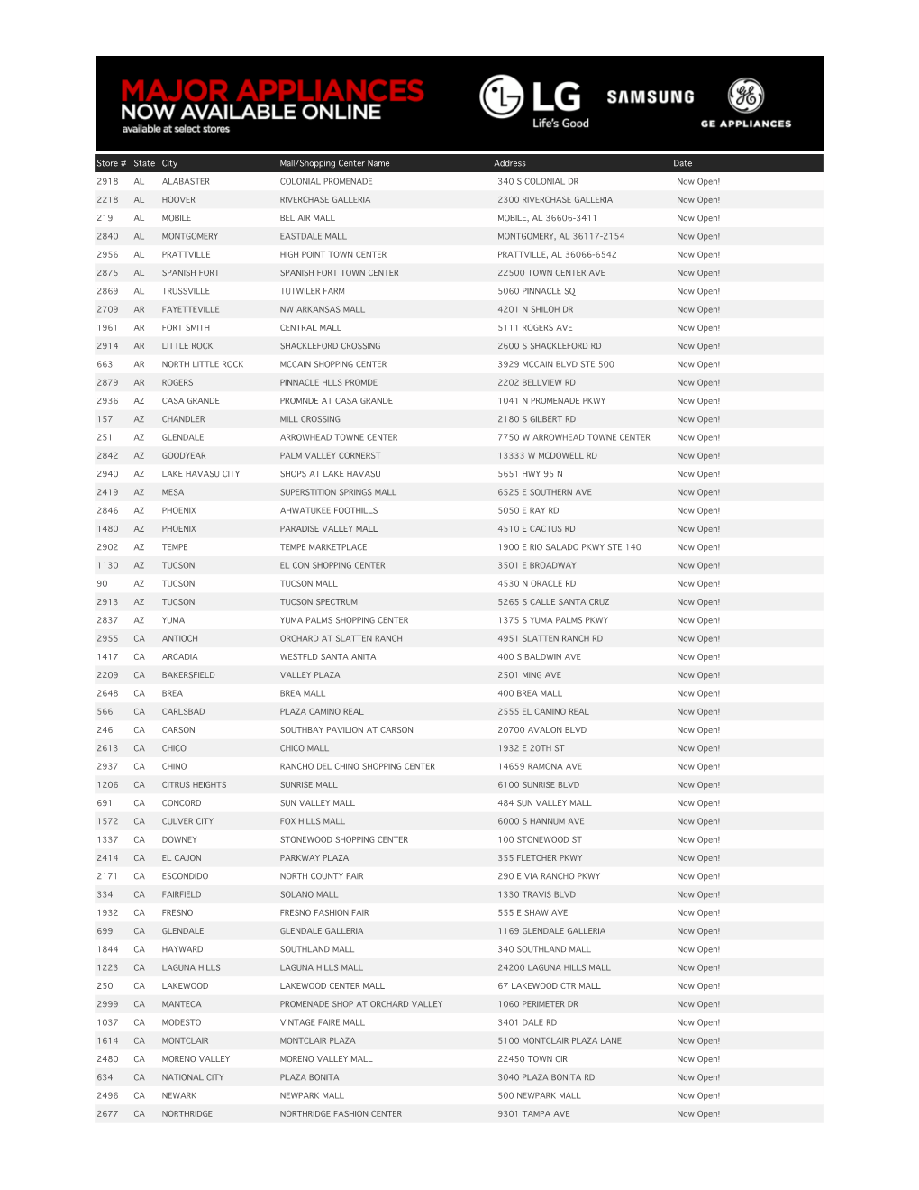 Store # State City Mall/Shopping Center Name Address Date 2918 AL ALABASTER COLONIAL PROMENADE 340 S COLONIAL DR Now Open! 2218