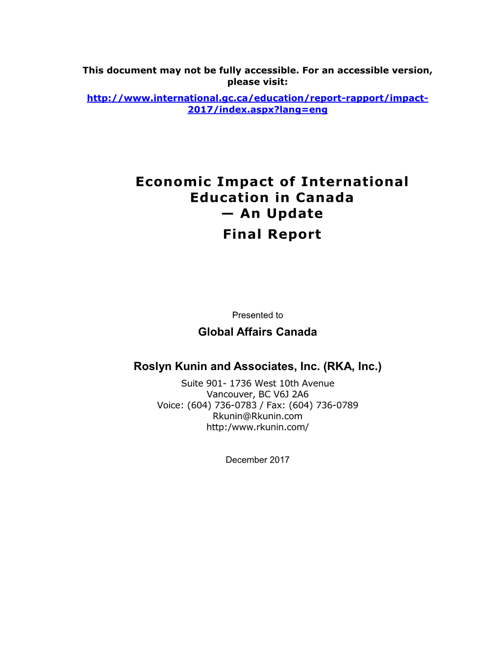 Economic Impact of International Education in Canada — an Update Final Report