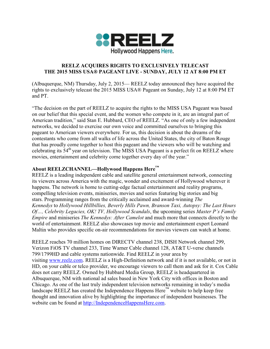 Reelz Acquires Rights to Exclusively Telecast the 2015 Miss Usa® Pageant Live - Sunday, July 12 at 8:00 Pm Et