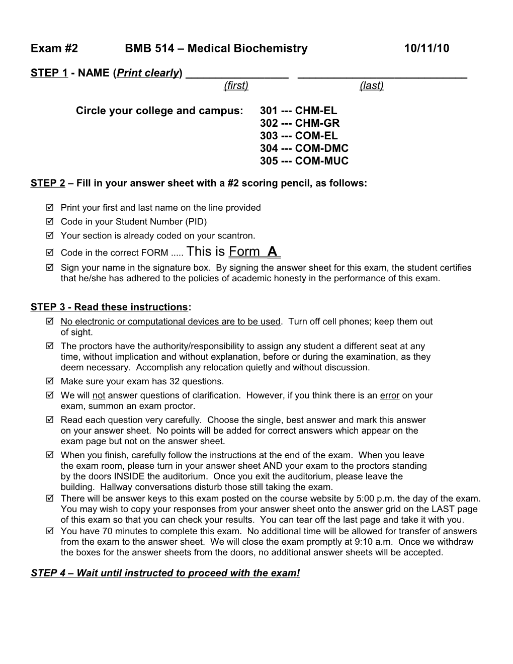 Exam #2 BMB 514 Medical Biochemistry 10/11/10