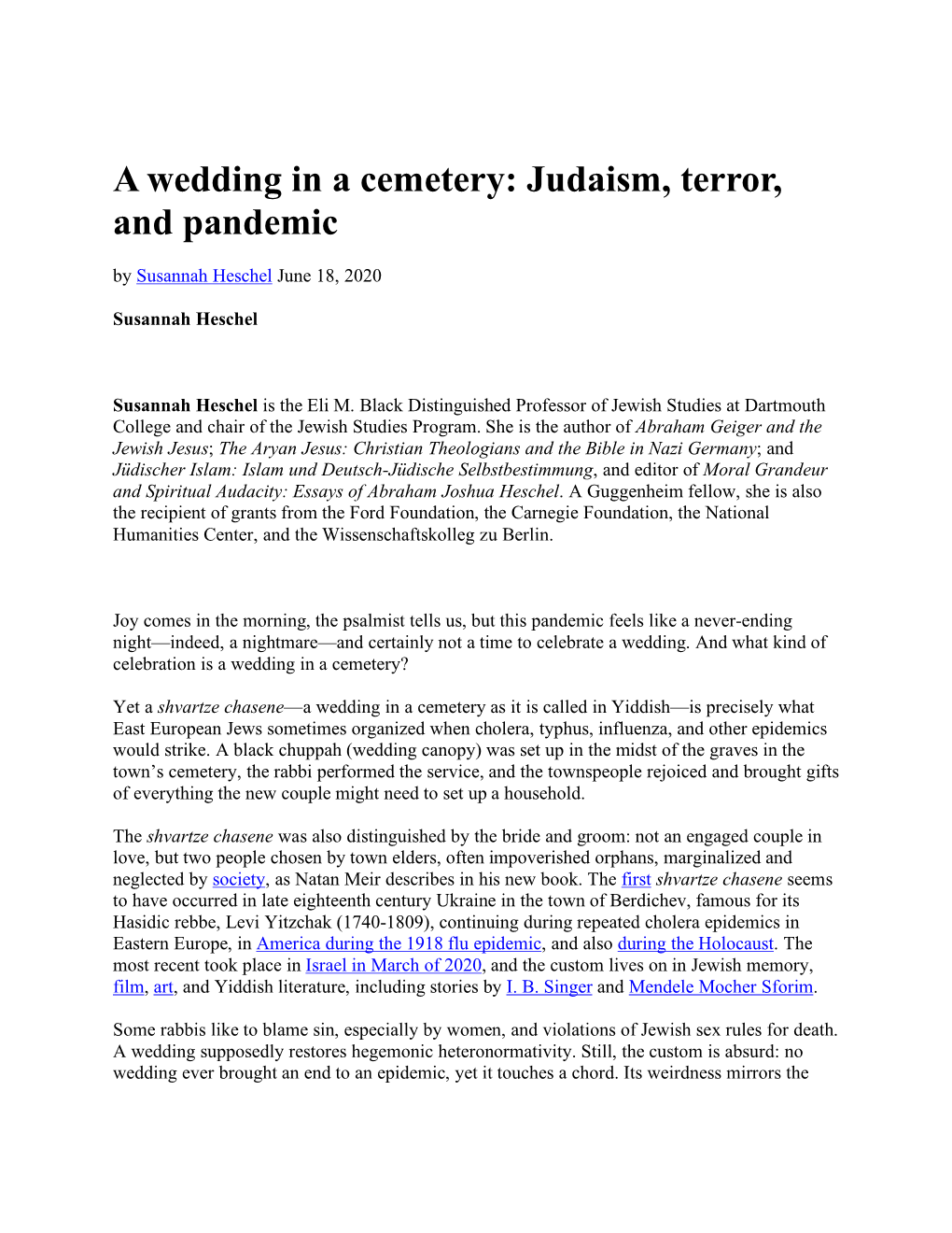 Judaism, Terror, and Pandemic by Susannah Heschel June 18, 2020