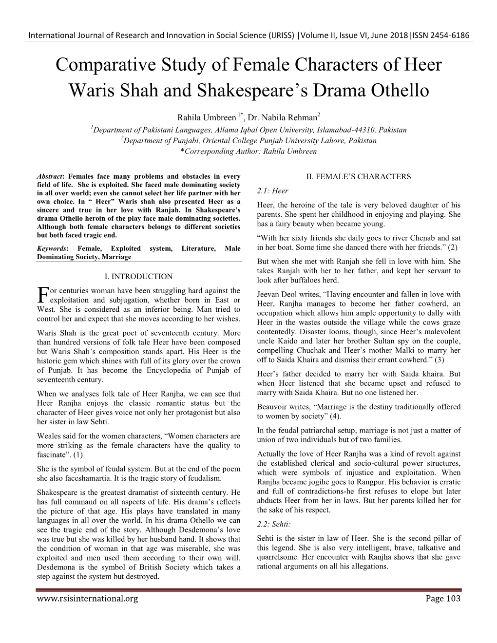 Comparative Study of Female Characters of Heer Waris Shah and Shakespeare‟S Drama Othello