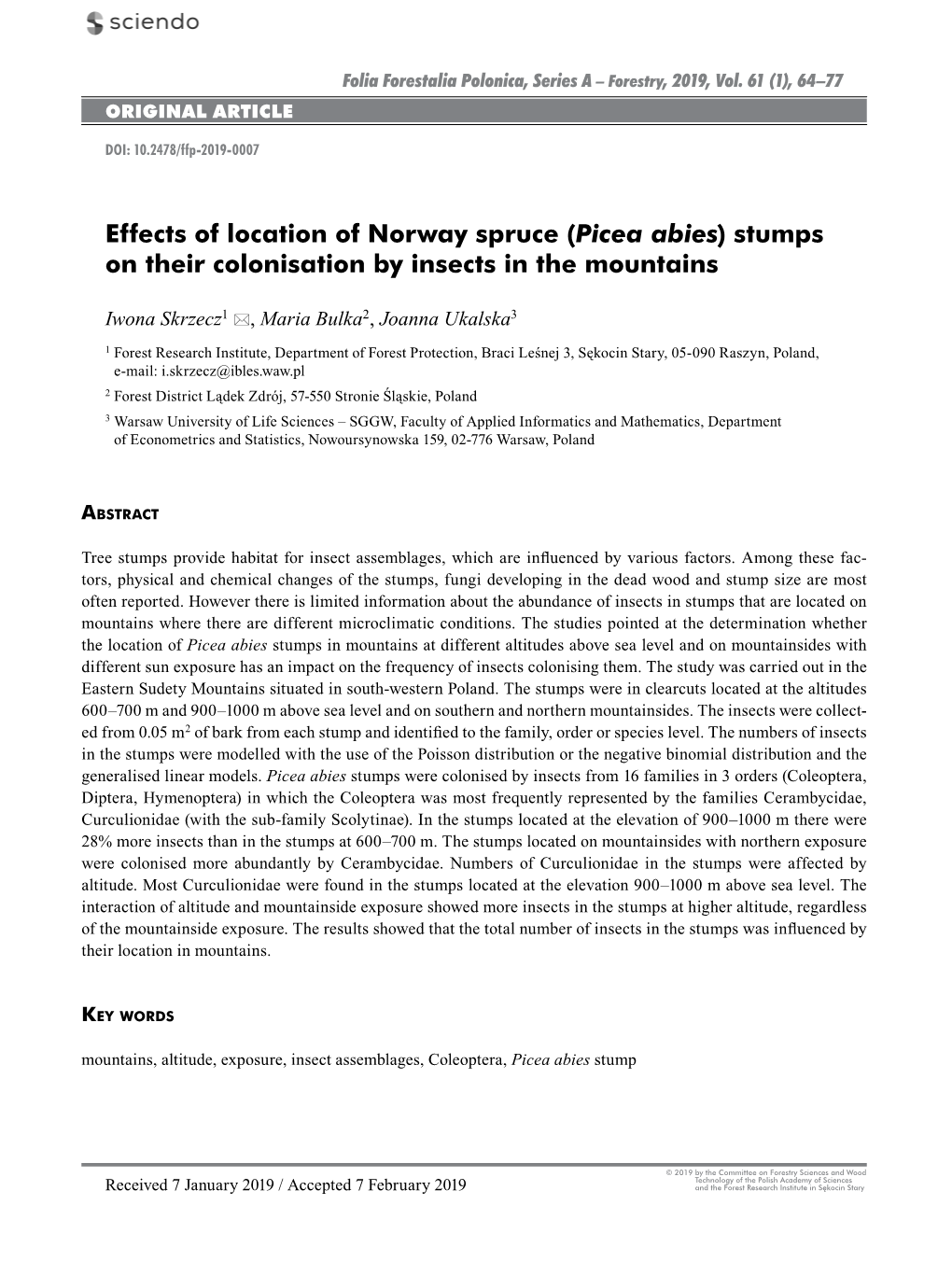 Effects of Location of Norway Spruce (Picea Abies) Stumps on Their Colonisation by Insects in the Mountains