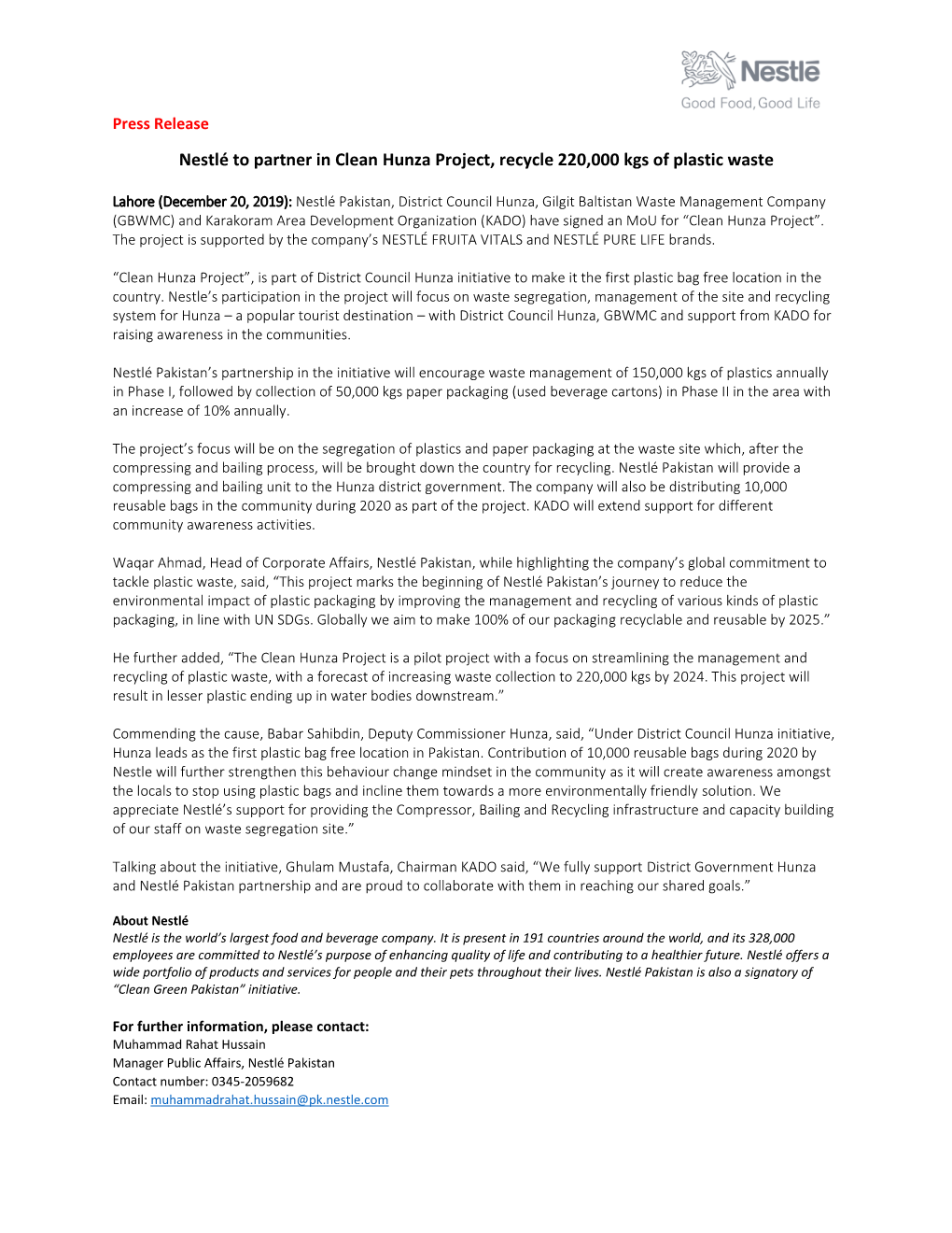 Press Release Nestlé to Partner in Clean Hunza Project, Recycle 220,000 Kgs of Plastic Waste