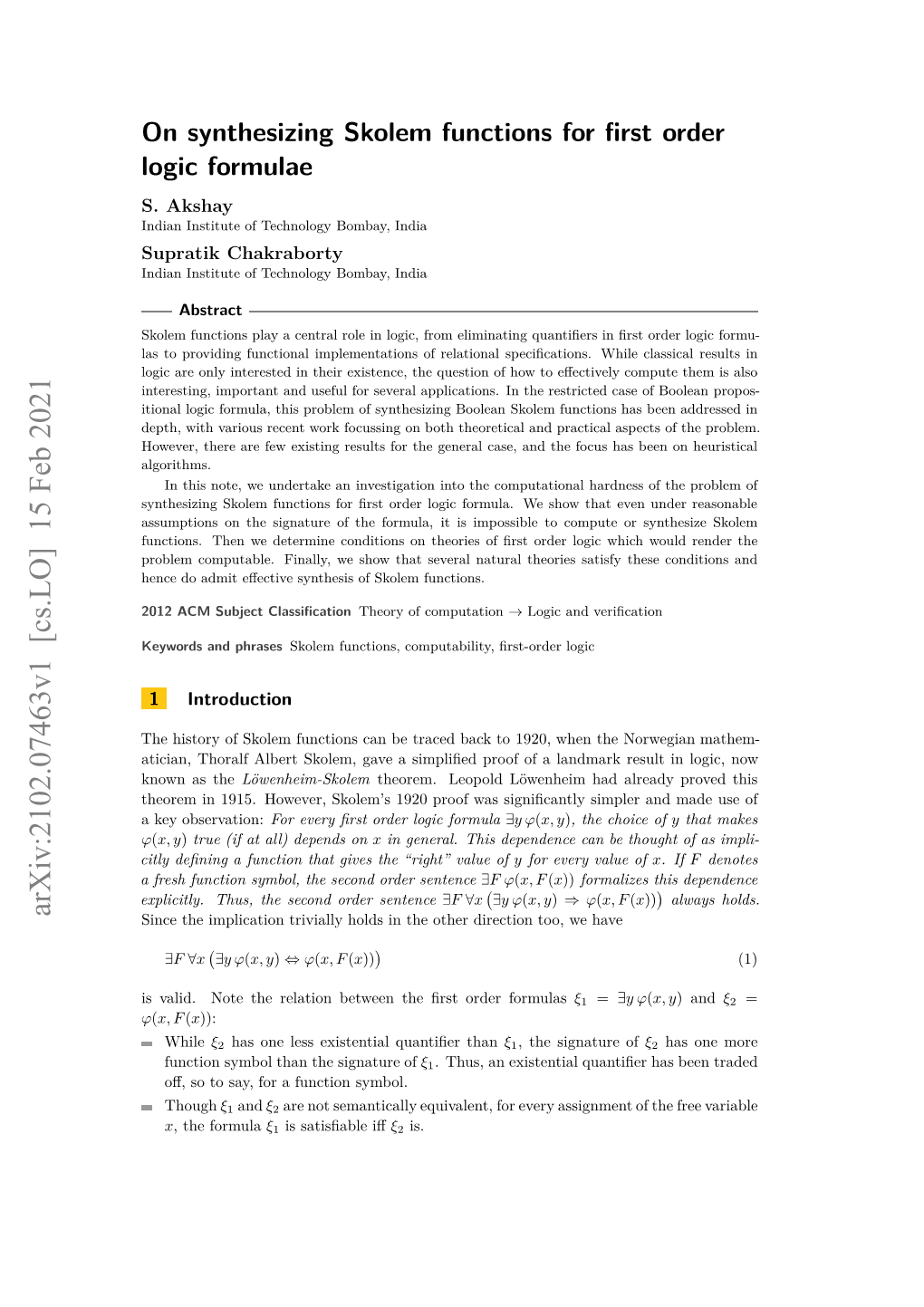 On Synthesizing Skolem Functions for First Order Logic Formulae