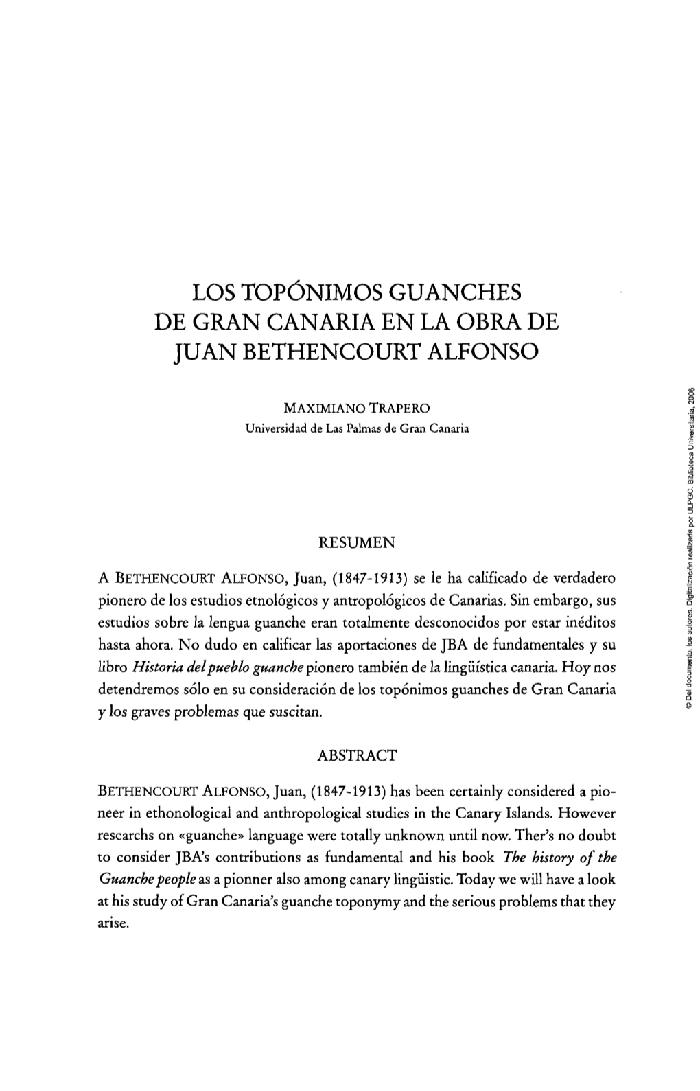 Los Topónimos Guanches De Gran Canaria En La Obra De Juan Bethencourt Alfonso