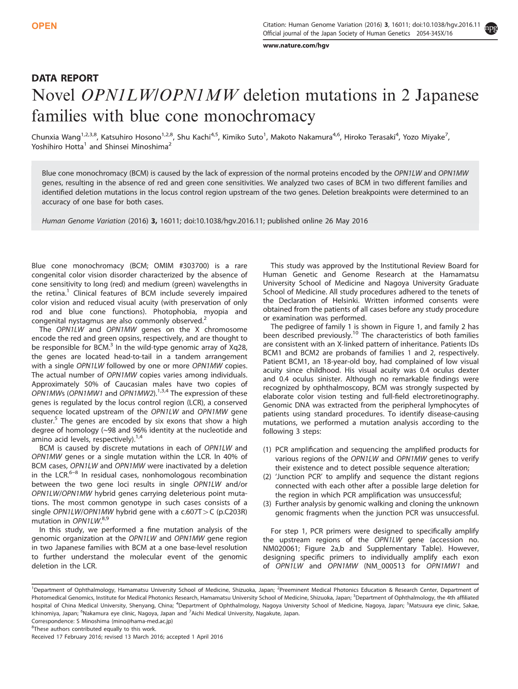 Novel OPN1LW/OPN1MW Deletion Mutations in 2 Japanese Families with Blue Cone Monochromacy