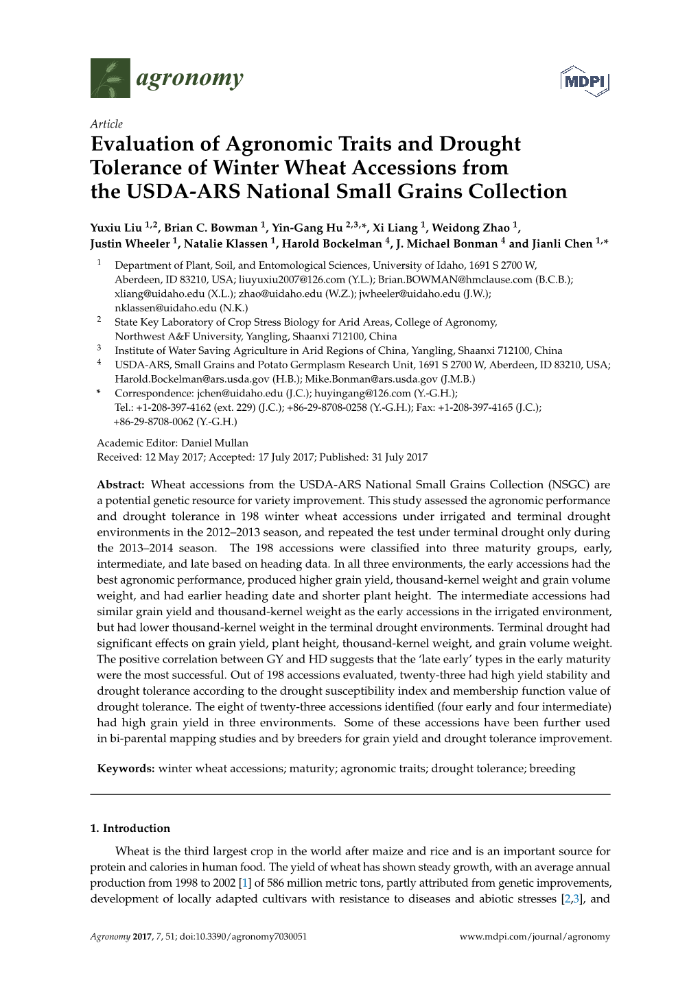 Evaluation of Agronomic Traits and Drought Tolerance of Winter Wheat Accessions from the USDA-ARS National Small Grains Collection