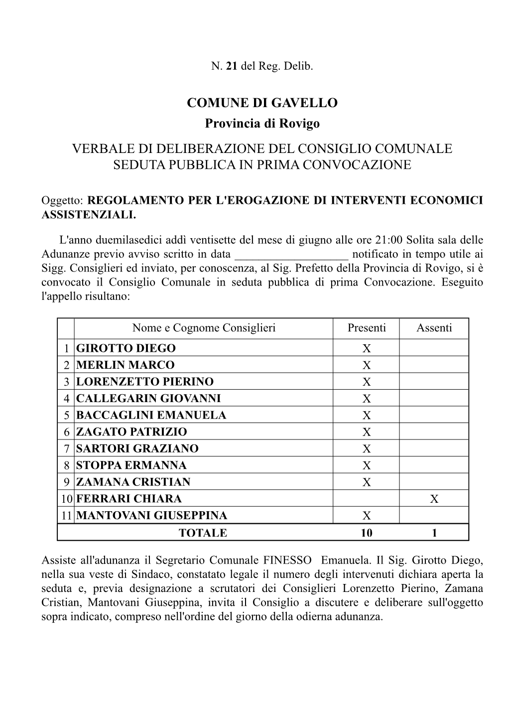 Comune Di Gavello Verbale Di Deliberazione Del Consiglio