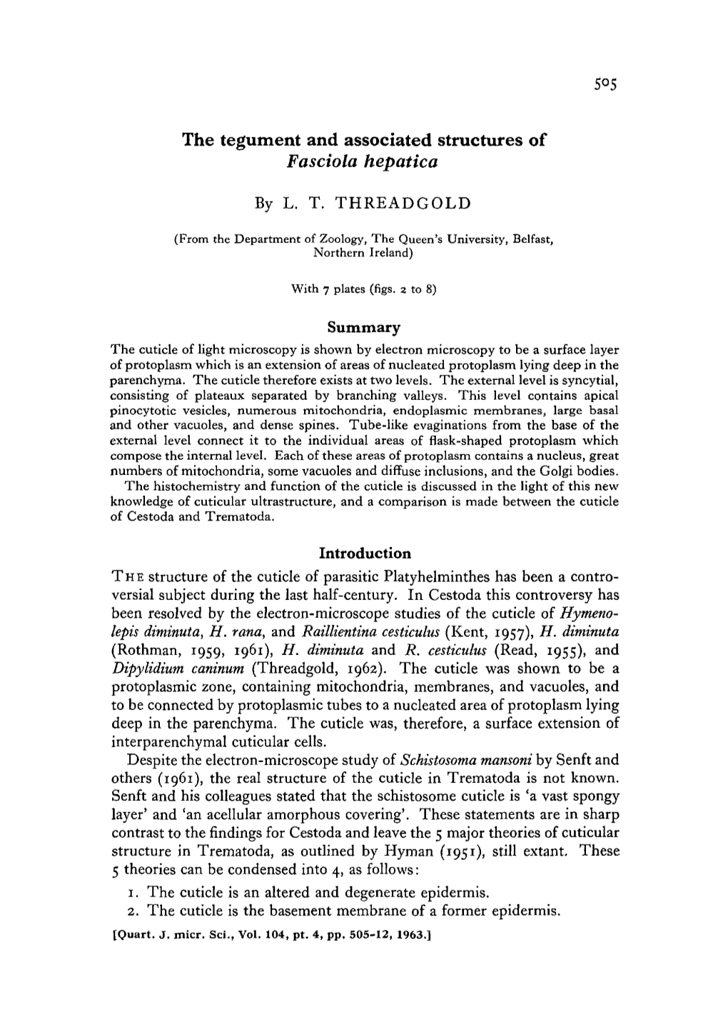 The Tegument and Associated Structures of Fasciola Hepatica