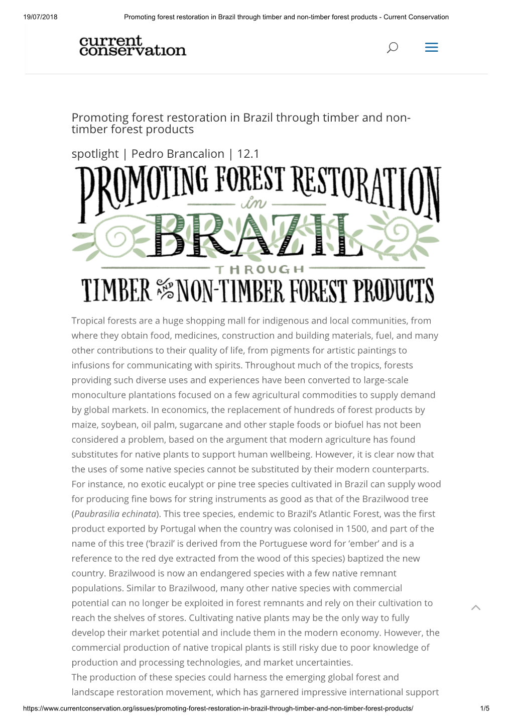 Promoting Forest Restoration in Brazil Through Timber and Non-Timber Forest Products - Current Conservation