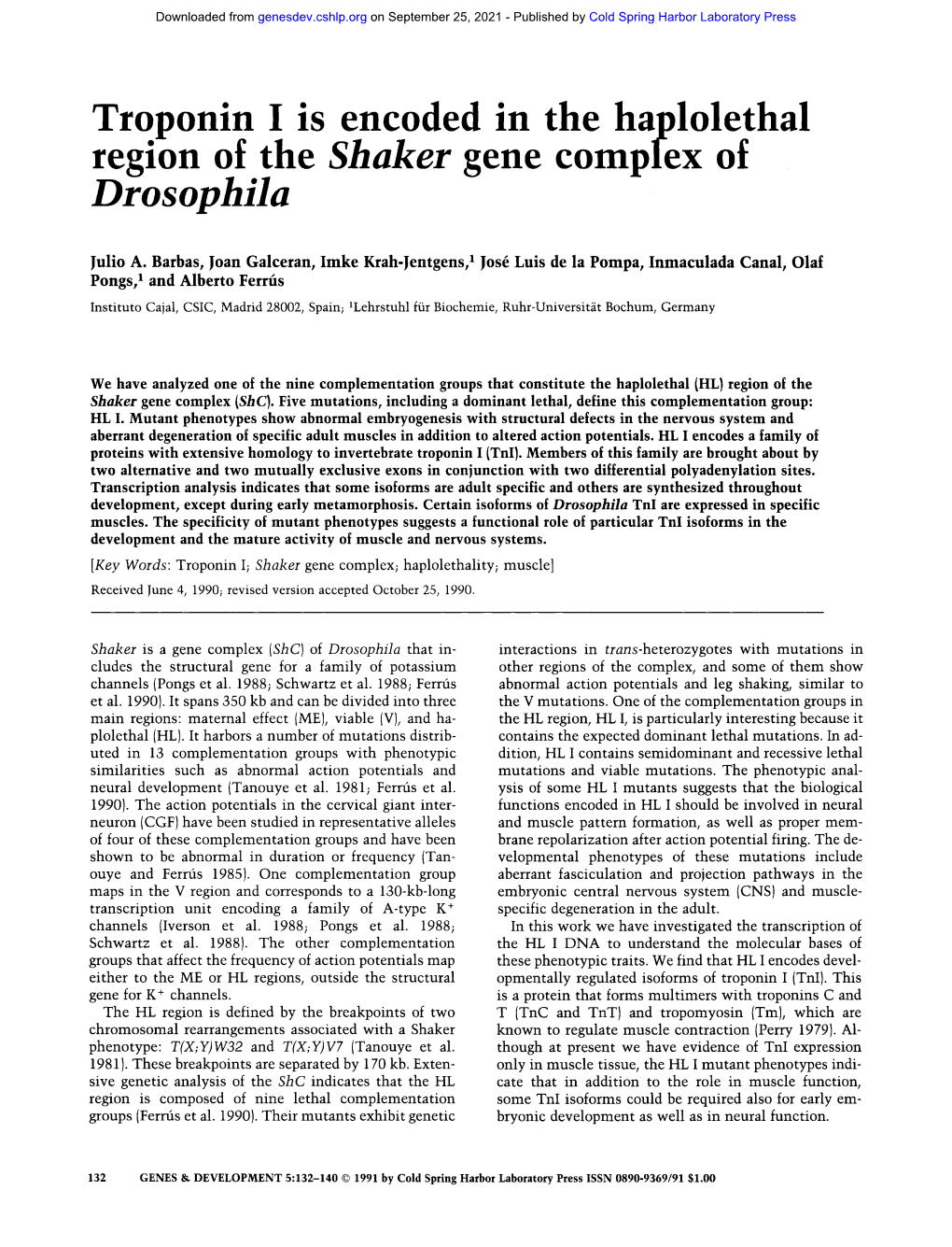 Troponin I Is Encoded in the Haplolethal Region of the Shaker Gene Complex of Drosophila