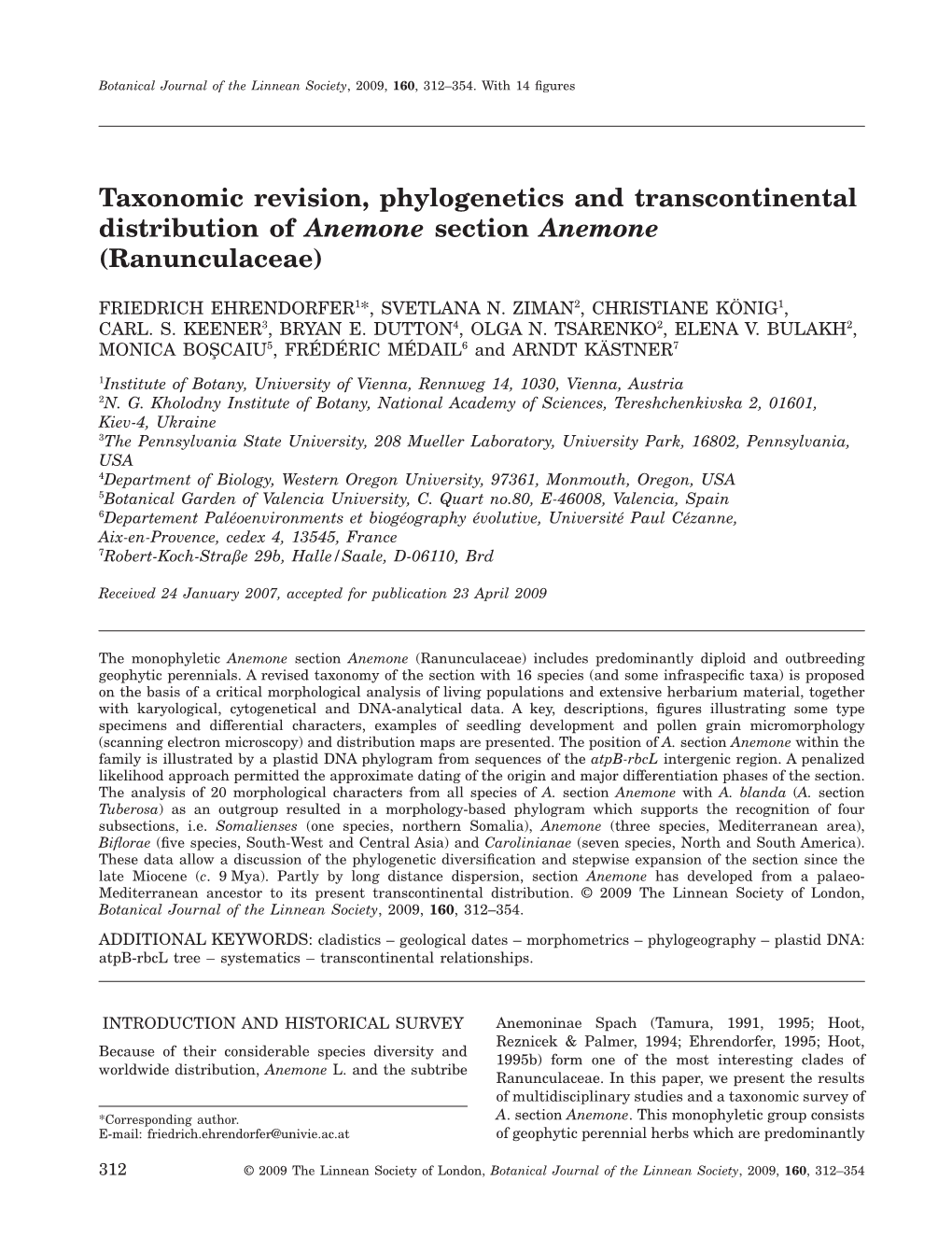 Taxonomic Revision, Phylogenetics and Transcontinental Distribution of Anemone Section Anemone (Ranunculaceae)