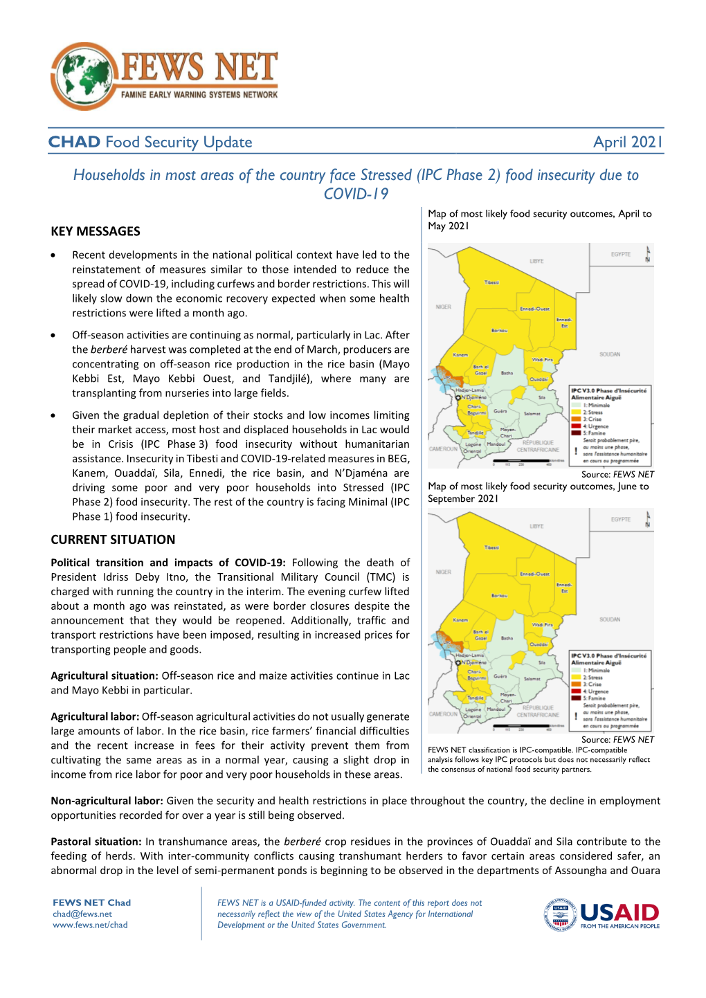 CHAD Food Security Update April 2021 Households in Most Areas Of