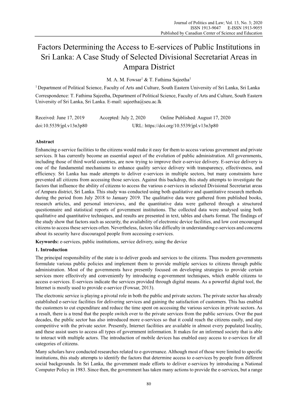 Factors Determining the Access to E-Services of Public Institutions in Sri Lanka: a Case Study of Selected Divisional Secretariat Areas in Ampara District